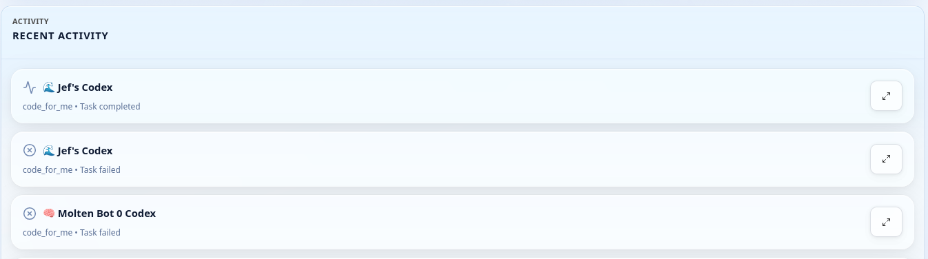 Recent activity view showing latest dispatch runs with status and timing details